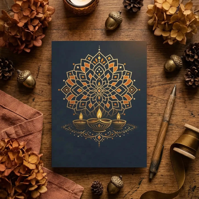 Diwali mandala greeting cards, gold diya design (pack of 1 10 30 50)