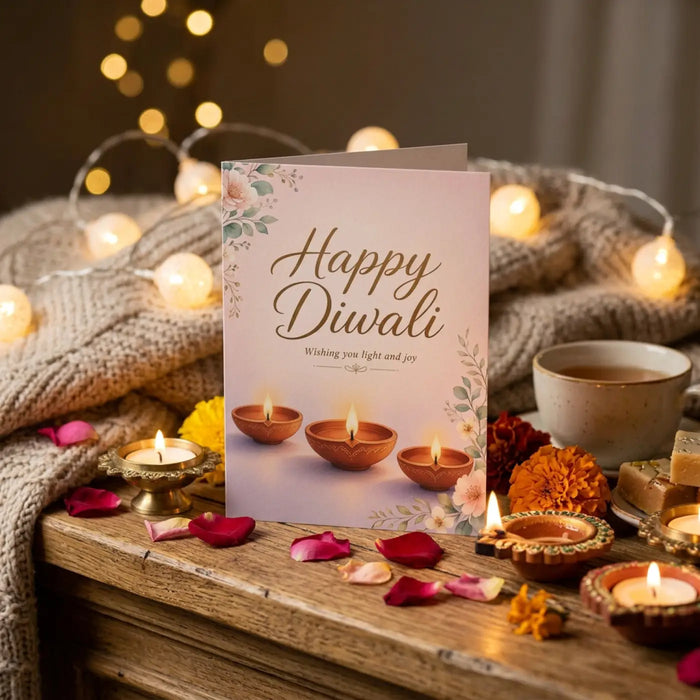 Happy diwali greeting card with diyas and floral design - cards