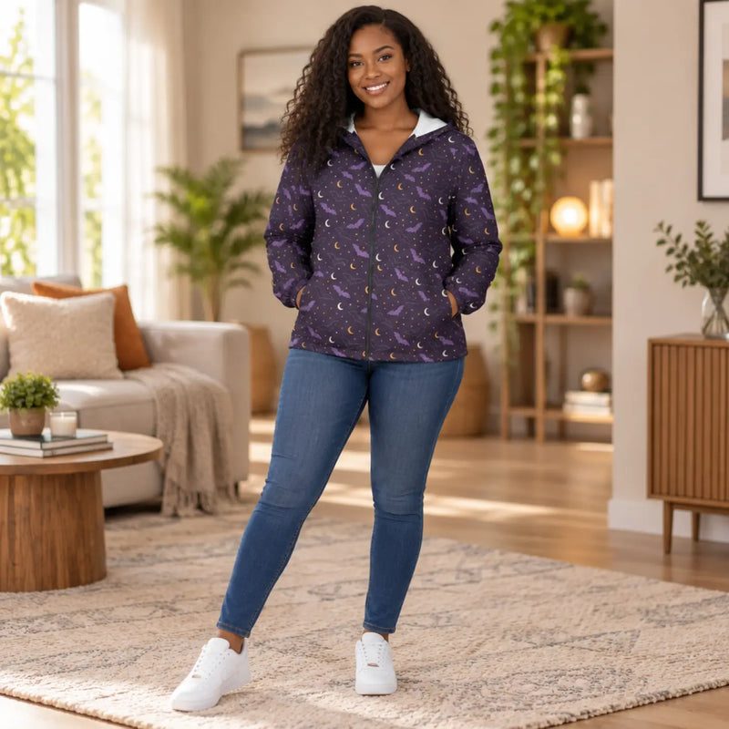 Celestial Night Windbreaker Jacket — Purple Moon & Stars AOP
