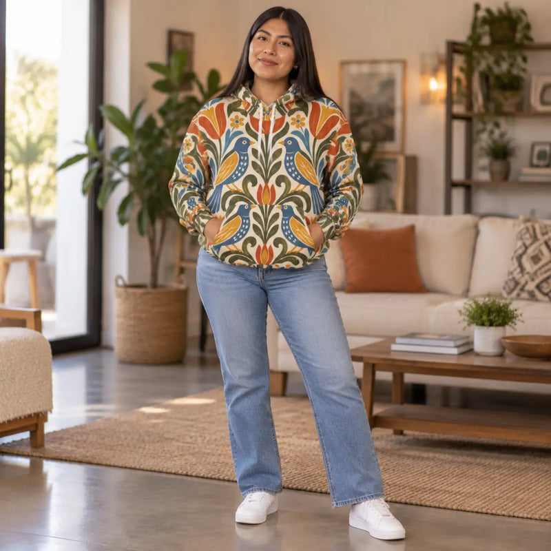 Folk Art Floral Bird Pullover Hoodie