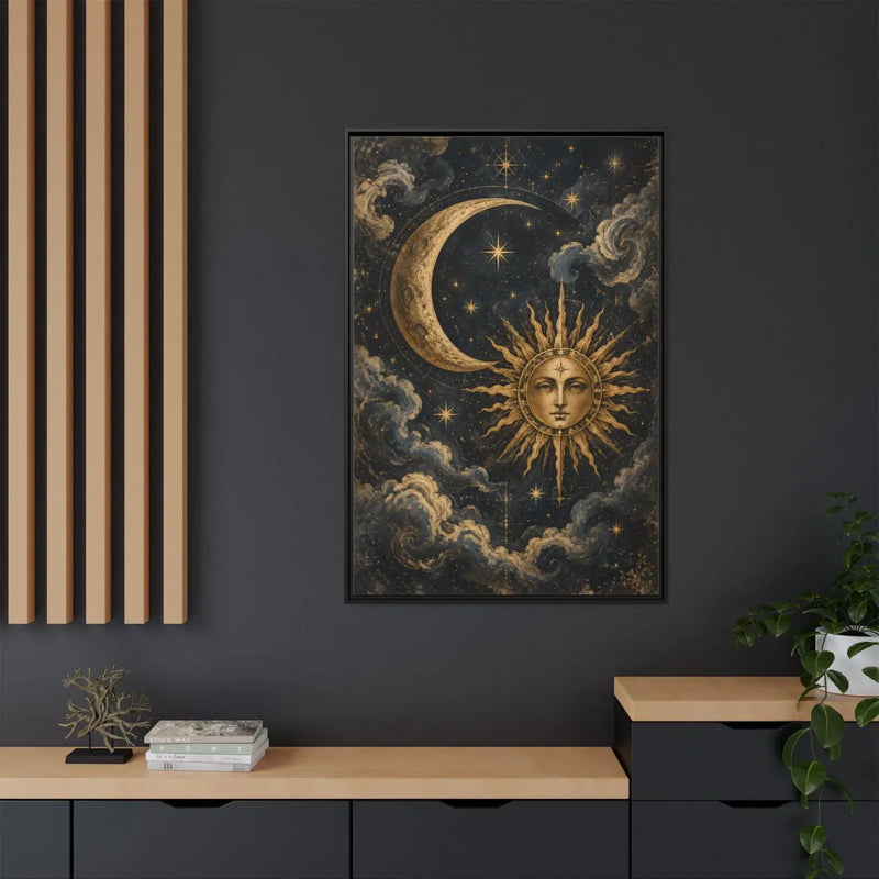 Framed Canvas Wall Art – Celestial Sun and Moon Vintage Mystical Decor