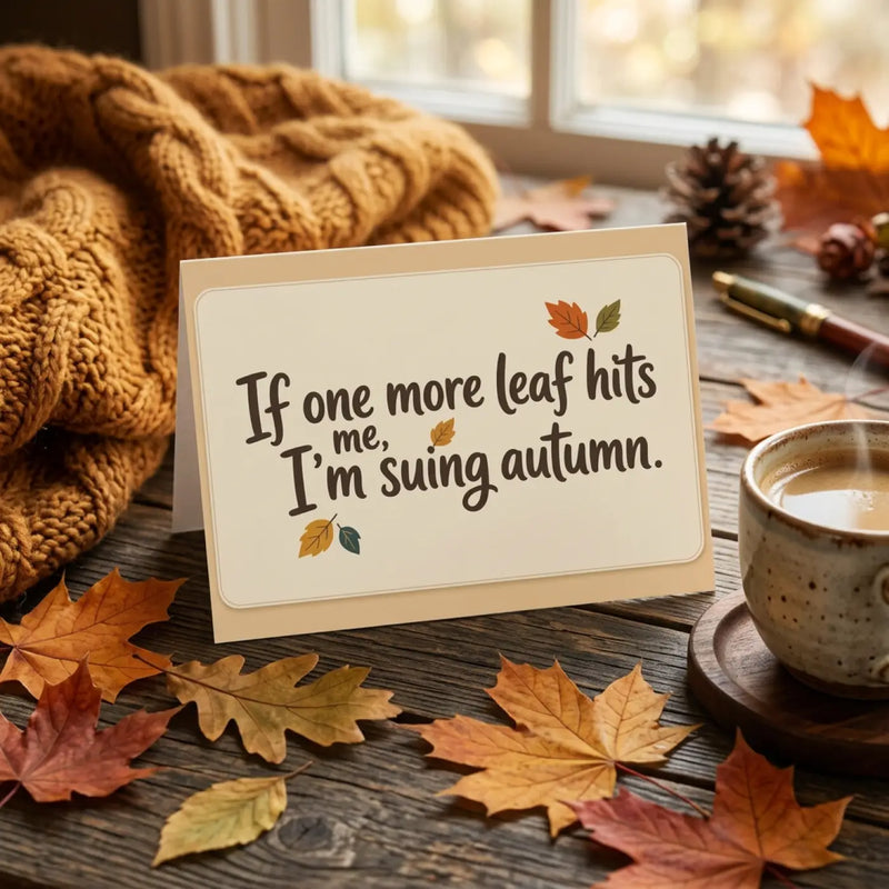 Funny Autumn Greeting Card – “If One More Leaf Hits Me, I’m Suing Autumn”