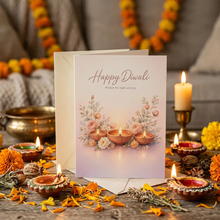 Happy diwali greeting card – floral diyas festival of lights design - cards
