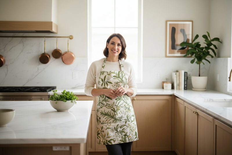 Person wearing a DipaliZ botanical print canvas apron in a bright modern kitchen