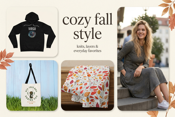 Cozy fall banner featuring a DipaliZ Virgo zodiac hoodie, snowflake print midi dress, All This and Brains Too tote and fall foliage blanket