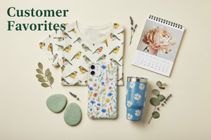 DipaliZ customer favorites gift guide with floral phone case, daisy tumbler, botanical stationery, birds tee, and flower calendar