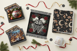 Holiday gift guide collage featuring a gothic woven blanket, celestial sherpa blanket, Christmas puzzles, and a floral open-book mug