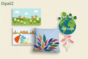 DipaliZ custom printed gifts collage featuring botanical wall decals, a coastal wall decal, floral vinyl decals, and a colorful throw pillow