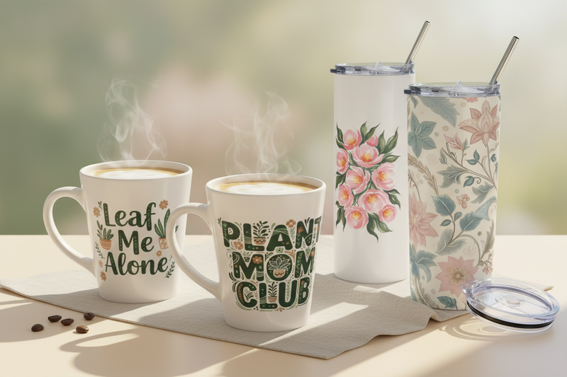 Collage of new ceramic mugs and pink and pastel stainless-steel tumblers for a coffee drinkware guide