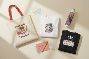 Teacher thank-you gift collage with a tote bag, school-supplies water bottle, and teacher tees