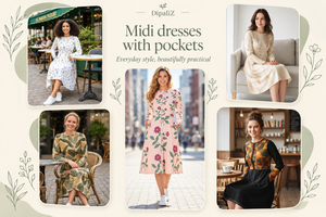 Collage of DipaliZ long sleeve midi dresses with pockets in botanical, floral and geometric prints