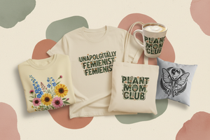 Feminist gift guide collage featuring a statement T-shirt, floral sweatshirt, botanical tote, latte mug, and luna moth pillow