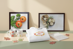 Collage of floral mugs, an autumn hoodie, tomato and basil wall art, and mushroom botanical art for gardeners