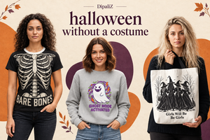 Banner collage of DipaliZ Halloween clothing and accessories for dressing festive without a costume