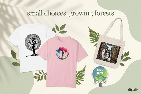 Nature-inspired banner showing four DipaliZ products: tree graphic T-shirt, girl hugging a tree tee, polar bear canvas tote and globe and tree stickers