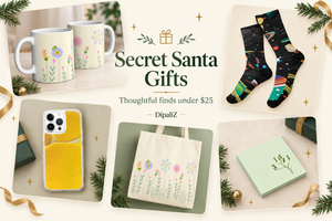 Secret Santa gifts under $25 collage featuring DipaliZ floral mug, solar system socks, yellow phone case, floral tote and botanical notes.