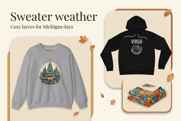 Sweater weather collage banner with a DipaliZ autumn trees sherpa blanket, reindeer crewneck sweatshirt and Virgo zodiac pullover hoodie