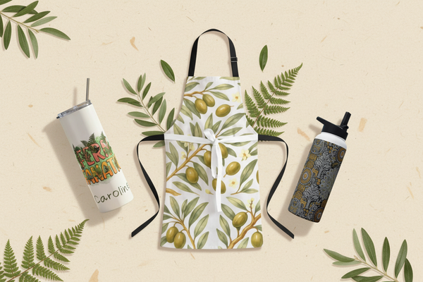 Botanical Gifts for Her collage featuring olive branch aprons, a fern tumbler, and a floral water bottle