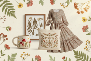 Cottagecore mug, botanical wall art, floral dress, and tote bag collage
