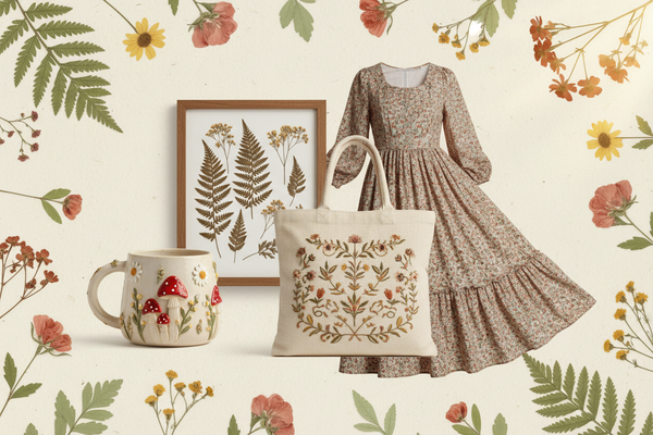 Cottagecore mug, botanical wall art, floral dress, and tote bag collage
