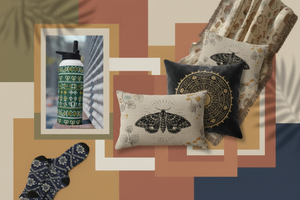 Boho chic clothing and home decor product collage