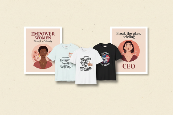 Feminist clothing, art, and accessories collage banner