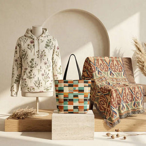 Boho products on an elegant ivory boutique display