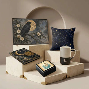 Celestial products on cream display stands