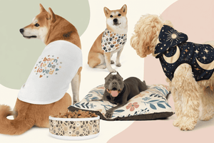 Pet clothing and accessories collection collage banner