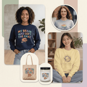 Square product collage for the Mental Health Apparel and Gifts collection