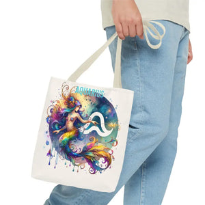 Aquarius Zodiac Polyester Tote Bag with Vibrant Style - Dipaliz - Bags