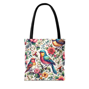 Tote Bag Black Cotton Handles Birds Flowers Print Dipaliz - Bags