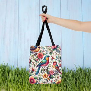 Vibrant Birds and Flowers Tote Bag - Black Cotton Handles - Dipaliz - Bags
