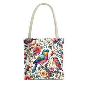 Vibrant Birds and Flowers Tote Bag - Black Cotton Handles - Dipaliz - Bags
