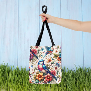Vibrant Birds and Flowers Tote Bag - Black Cotton Handles - Dipaliz - Bags