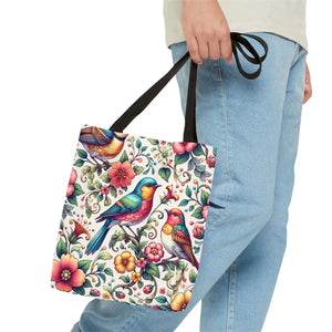 Vibrant Birds and Flowers Tote Bag - Black Cotton Handles - Dipaliz - Bags