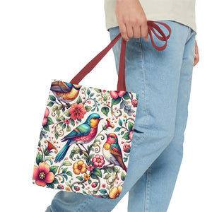 Vibrant Birds and Flowers Tote Bag - Black Cotton Handles - Dipaliz - Bags