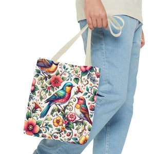 Vibrant Birds and Flowers Tote Bag - Black Cotton Handles - Dipaliz - Bags