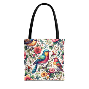 Vibrant Birds and Flowers Tote Bag - Black Cotton Handles - Dipaliz - Bags
