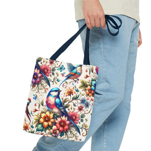 Vibrant Birds and Flowers Tote Bag - Black Cotton Handles - Dipaliz - Bags