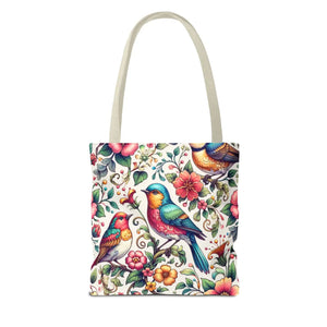 Vibrant Birds and Flowers Tote Bag - Black Cotton Handles - Dipaliz - Bags