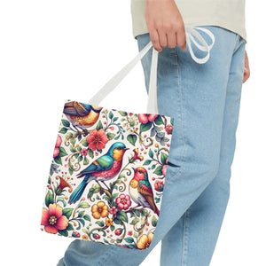 Vibrant Birds and Flowers Tote Bag - Black Cotton Handles - Dipaliz - Bags