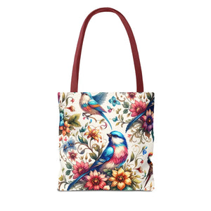 Vibrant Birds and Flowers Tote Bag - Black Cotton Handles - Dipaliz - Bags