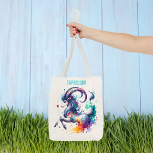 Capricorn Tote Bag Black Cotton Handles Zodiac Print - Dipaliz - 13’’ × / White - Bags