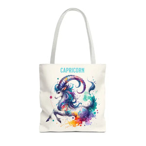 Capricorn Tote Bag Black Cotton Handles Zodiac Print - Dipaliz - 16’’ × / White - Bags