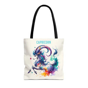 Capricorn Tote Bag Black Cotton Handles Zodiac Print - Dipaliz - 16’’ × / Bags