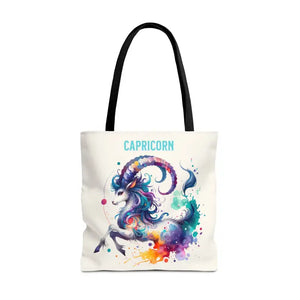 Capricorn Tote Bag Black Cotton Handles Zodiac Print - Dipaliz - 18’’ × / Bags