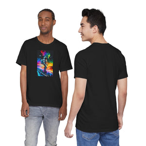 An astronaut in a vibrant background, Unisex Jersey Short Sleeve Tee