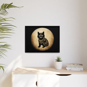 Japanese Samurai Cat Tattoo, Kawaii Ninja Cat in a vintage look, Matte Canvas, Black Frame