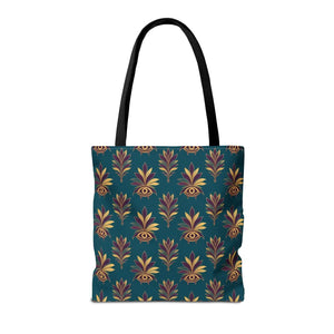 Evil Eye Floral Tote Bag – Boho Teal Printed Everyday Shopper